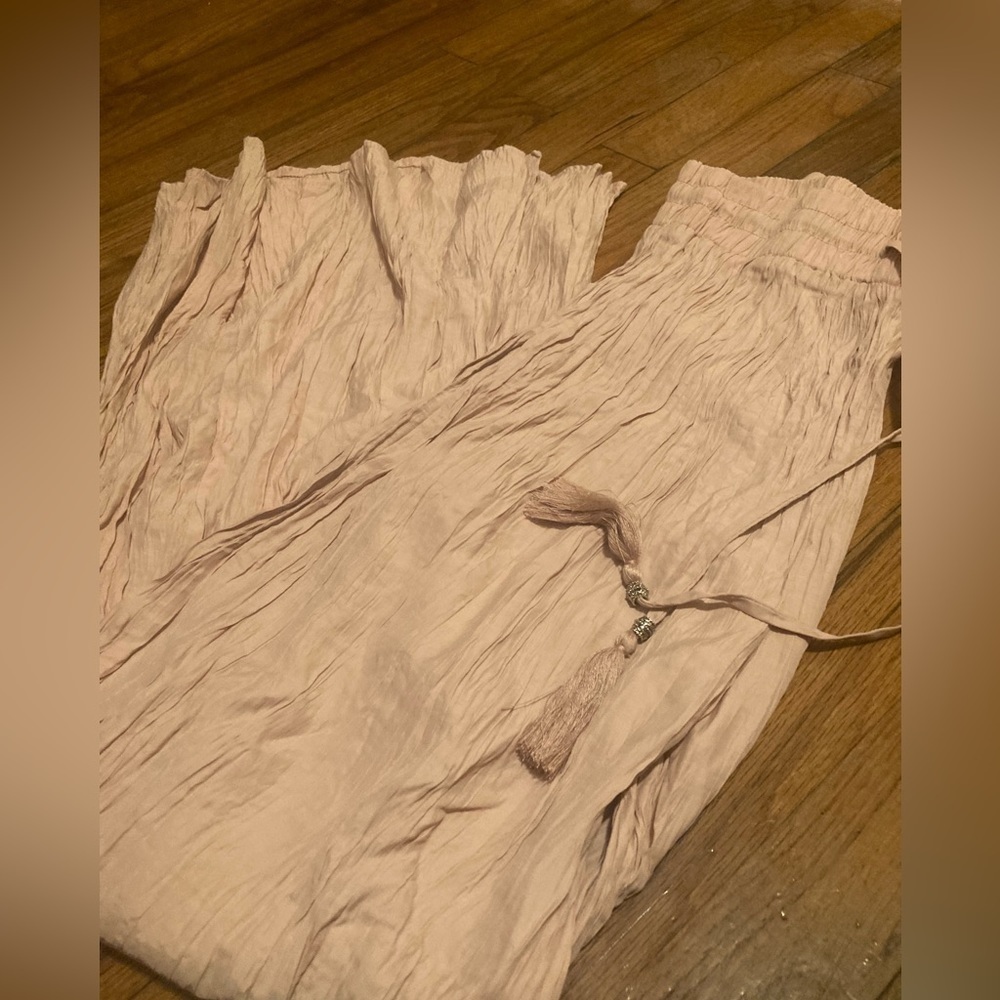 Anthropologie Medium Pink Flowy Pants Silver Beaded Draw Strings Wide Leg